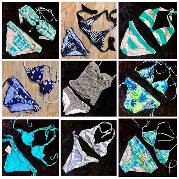 SOLD Vtg 90s Y2K 2pc Halter Bikini Set Blue Green Teal White Stripe S/M - Picture 4 of 4